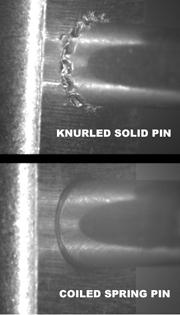 Metallic debris and damage to the sub-assembly with Knurled Solid Pin vs. clean installation with Coiled Spring Pin