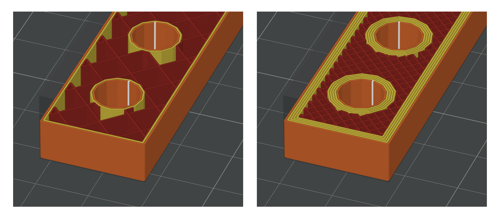 Figure 7: 15% Infill with 2 wall loops (left), 55% Infill with 5 wall loops (right)
