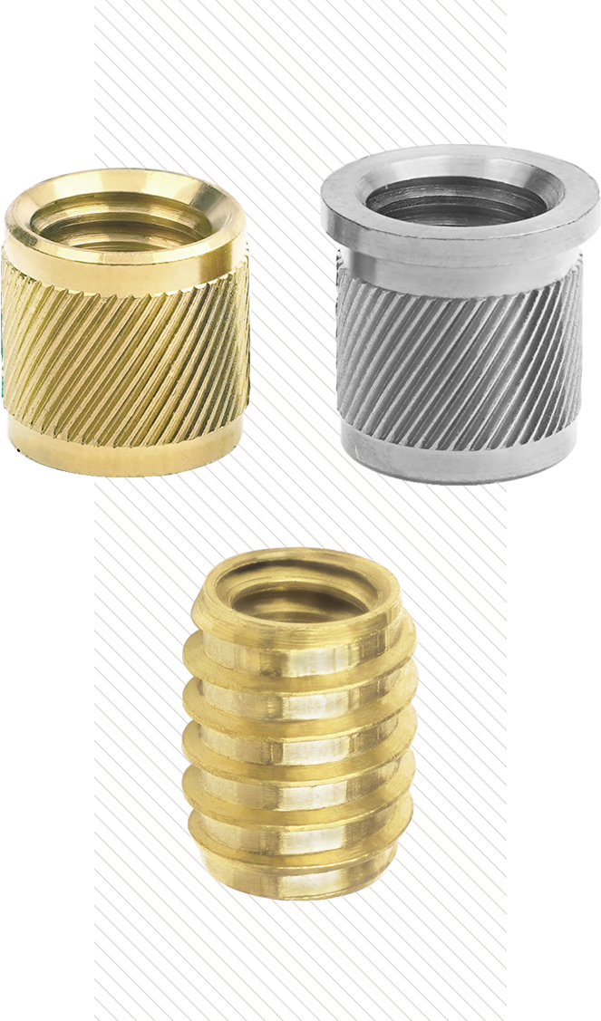 Figure 6: SPIROL Series 50 (top left) and 51 (top right) Press-In Inserts and SPIROL Series 10 Self-Tapping Insert (bottom)