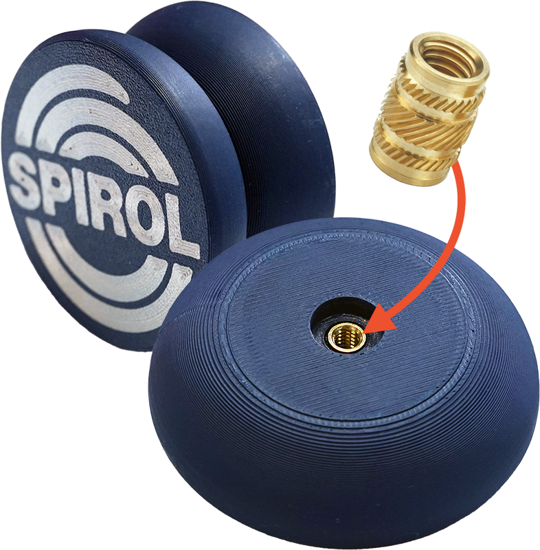 Figure 1: SPIROL Series 29 Long Heat/Ultrasonic Insert in a 3D printed yo-yo assembly